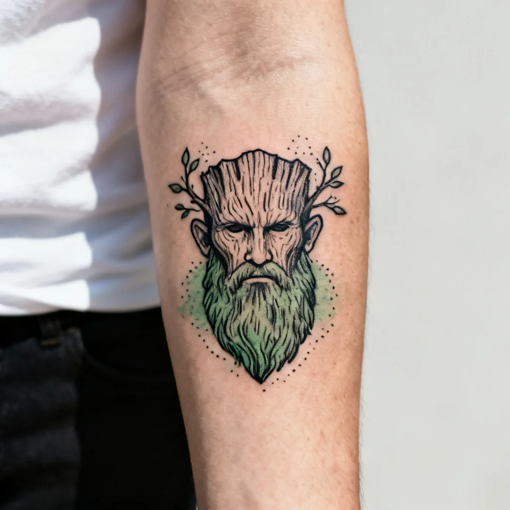 Stylizowany, czarny portret leszego na przedramieniu, drobne gałęzie i czysta skóra wokół.