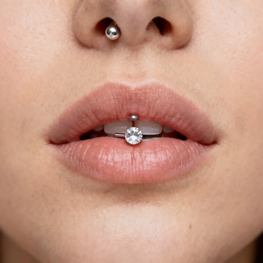 Kwadratowe ujęcie z biżuterią labret z kamieniem nad wargą, czysta skóra i ostre detale.