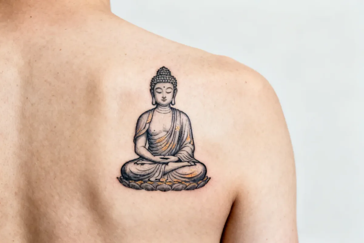 Siedzący Budda w medytacji jako precyzyjny tatuaż na lewej łopatce, czysta skóra