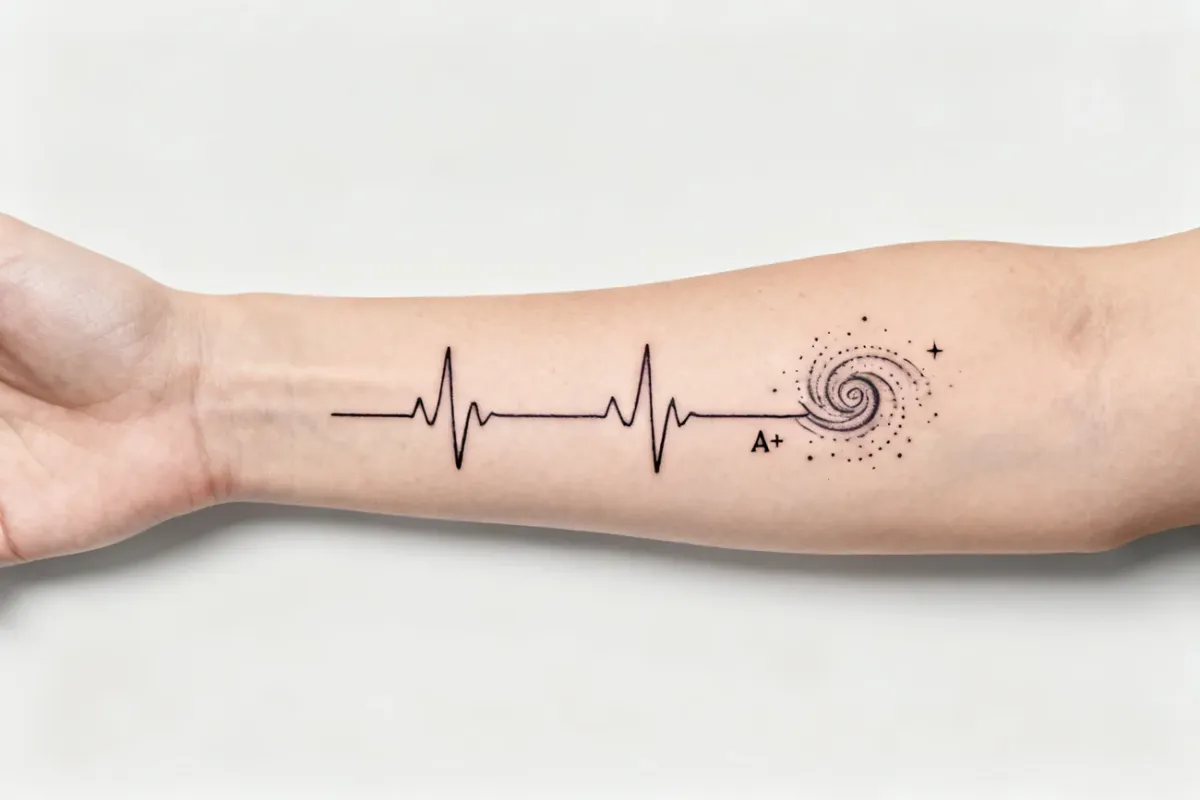 Fine-line EKG-to-cosmos tattoo na przedramieniu z małym oznaczeniem grupy krwi.