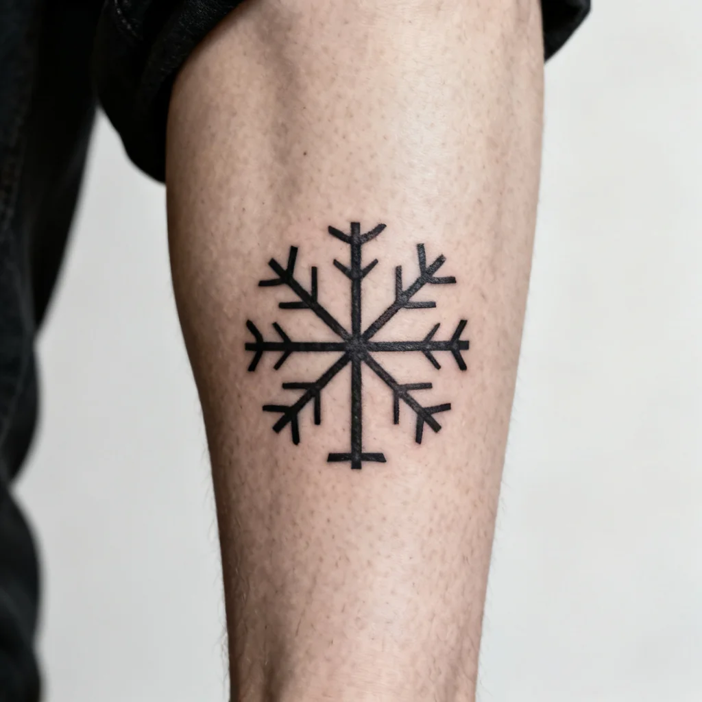 Kwadratowe ujęcie tatuażu vegvisir na zewnętrznej części łydki, subtelne linie i skóra bez znaków.