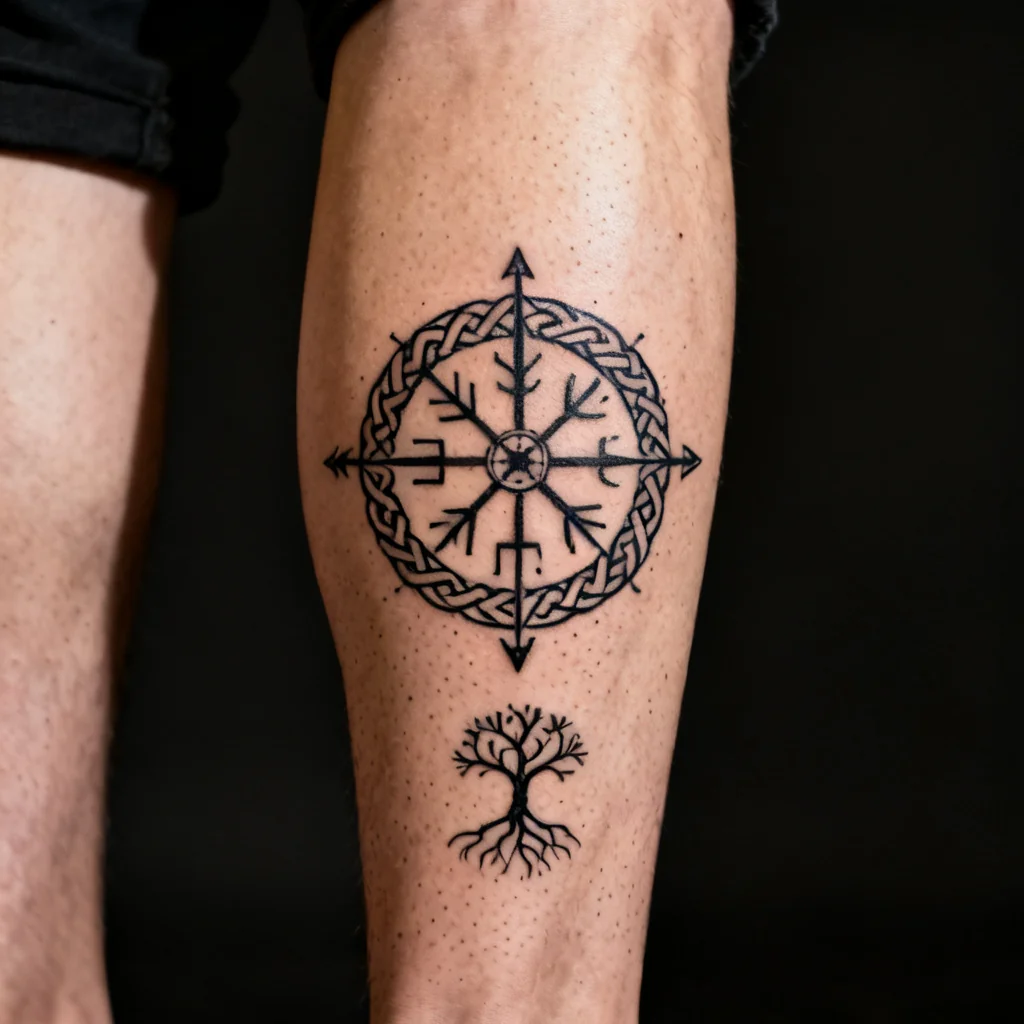 czysty Vegvísir w stylu nordyckim z motywem Yggdrasilu na zewnętrznej łydce