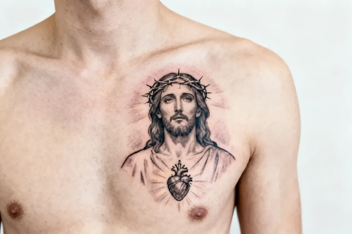 Realistyczne popiersie Jezusa z koroną cierniową i Sacred Heart na górnej części klatki piersiowej.