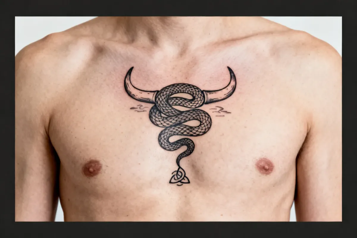 Detale tatuażu na mostku: wąż, rogi i triskelion w delikatnej linii.