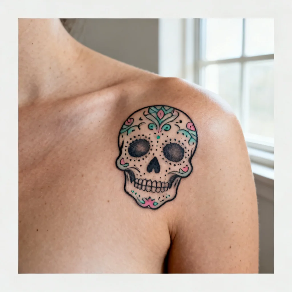 Kwadrat: mały sugar skull w delikatnych kolorach na prawej łopatce, czysta kompozycja.