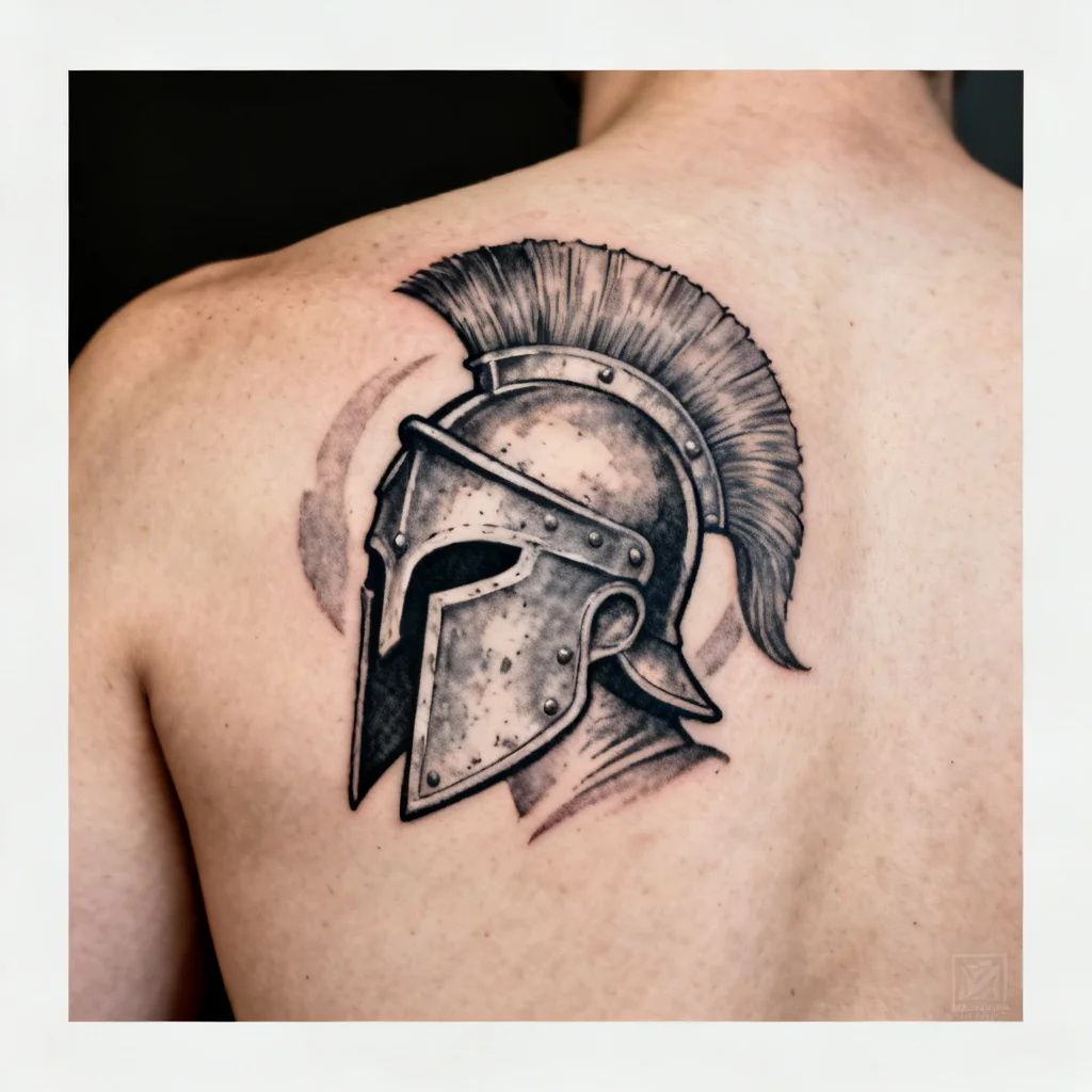 Tatuaż stylizowanego hełmu gladiatora na łopatce, czyste linie i subtelne cieniowanie.