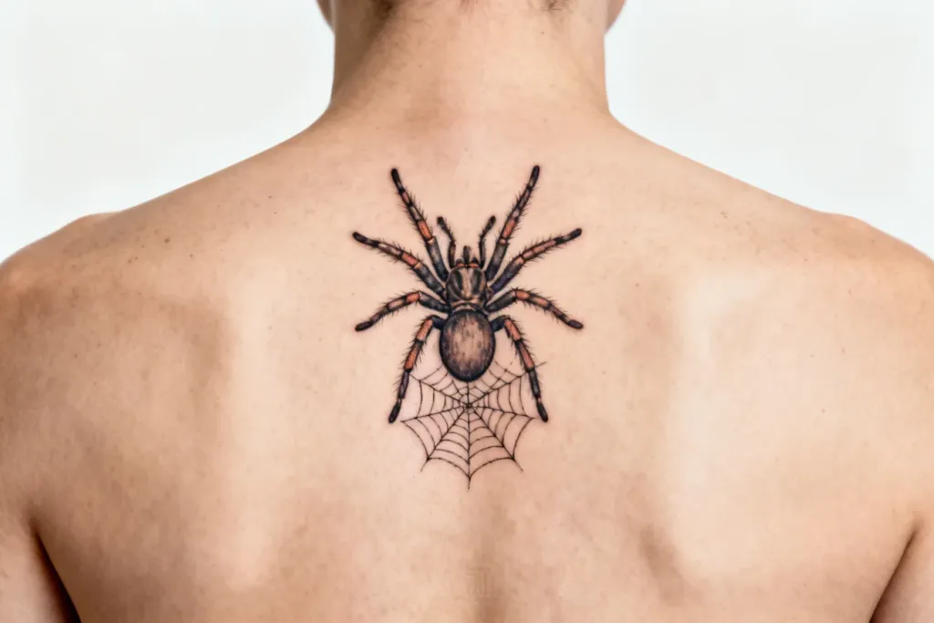 Fotografia górnej części pleców z realistycznym tatuażem tarantuli i subtelną pajęczyną.