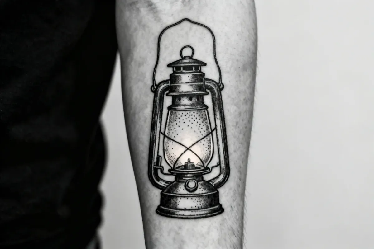 Fotografia tatuażu retro lampy na przedramieniu, czyste linie i delikatne cieniowanie.