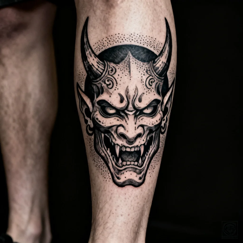Kwadratowe zdjęcie stylizowanej demonicznej twarzy w technice dotwork na zewnętrznej łydce.