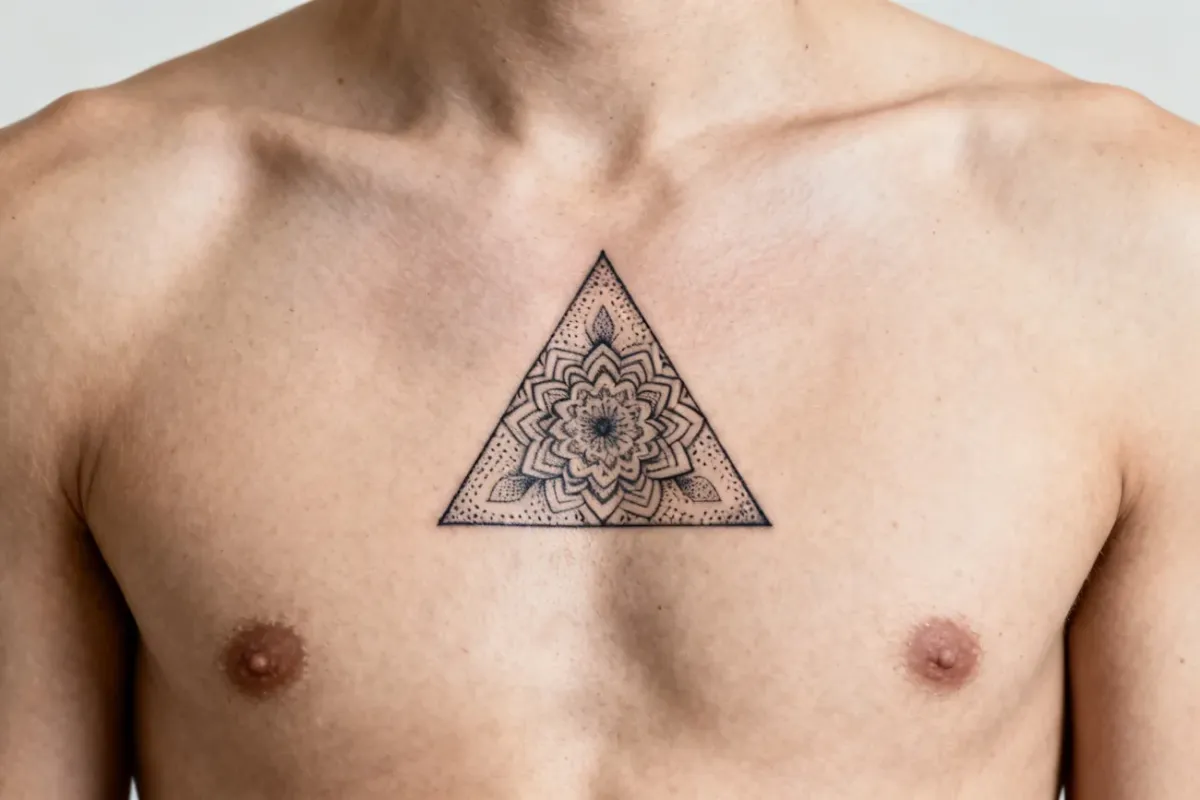 Mandala-trójkąt na środku górnej części klatki piersiowej, delikatne dotwork i cienkie linie.