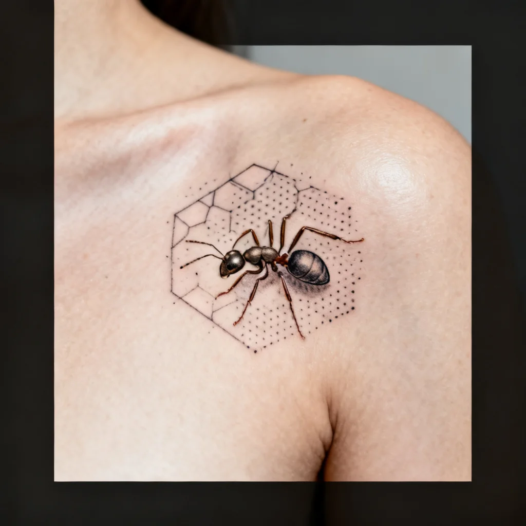Kwadratowe zdjęcie małego fine-line tatuażu mrówki na łopatce, delikatne dotwork i czysta skóra.