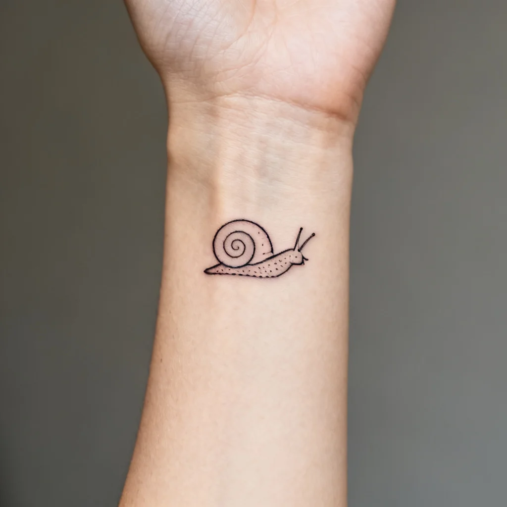 Kwadratowe ujęcie drobnego ślimaka na wewnętrznej stronie nadgarstka, cienka linia i delikatny dotwork.