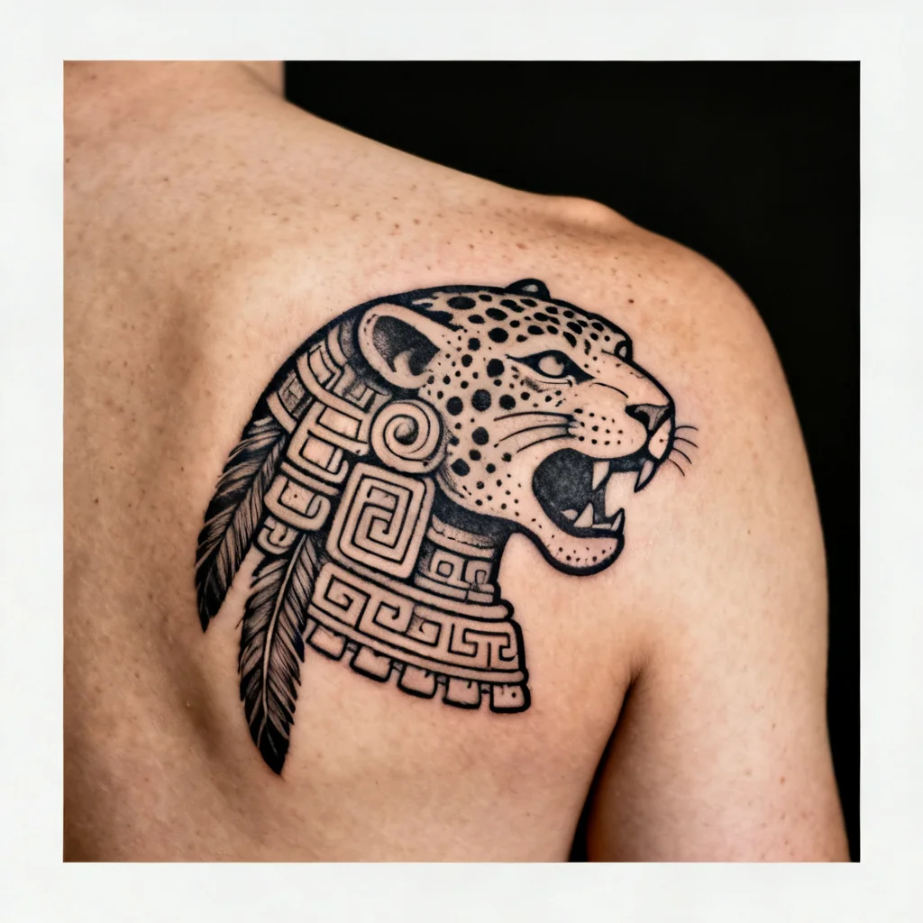 Kwadratowe zdjęcie: stylizowany jaguar z glyphami i piórami na łopatce, wyraźne linie.