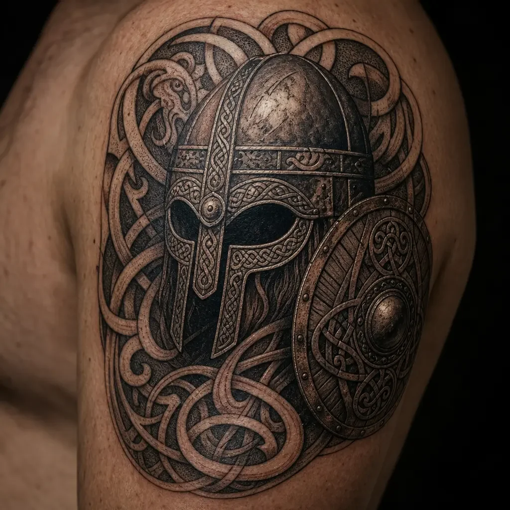 Zbliżenie hełmu wikinga i węzłowego ornamentu na górnej części ramienia, wyraźna faktura tuszu.