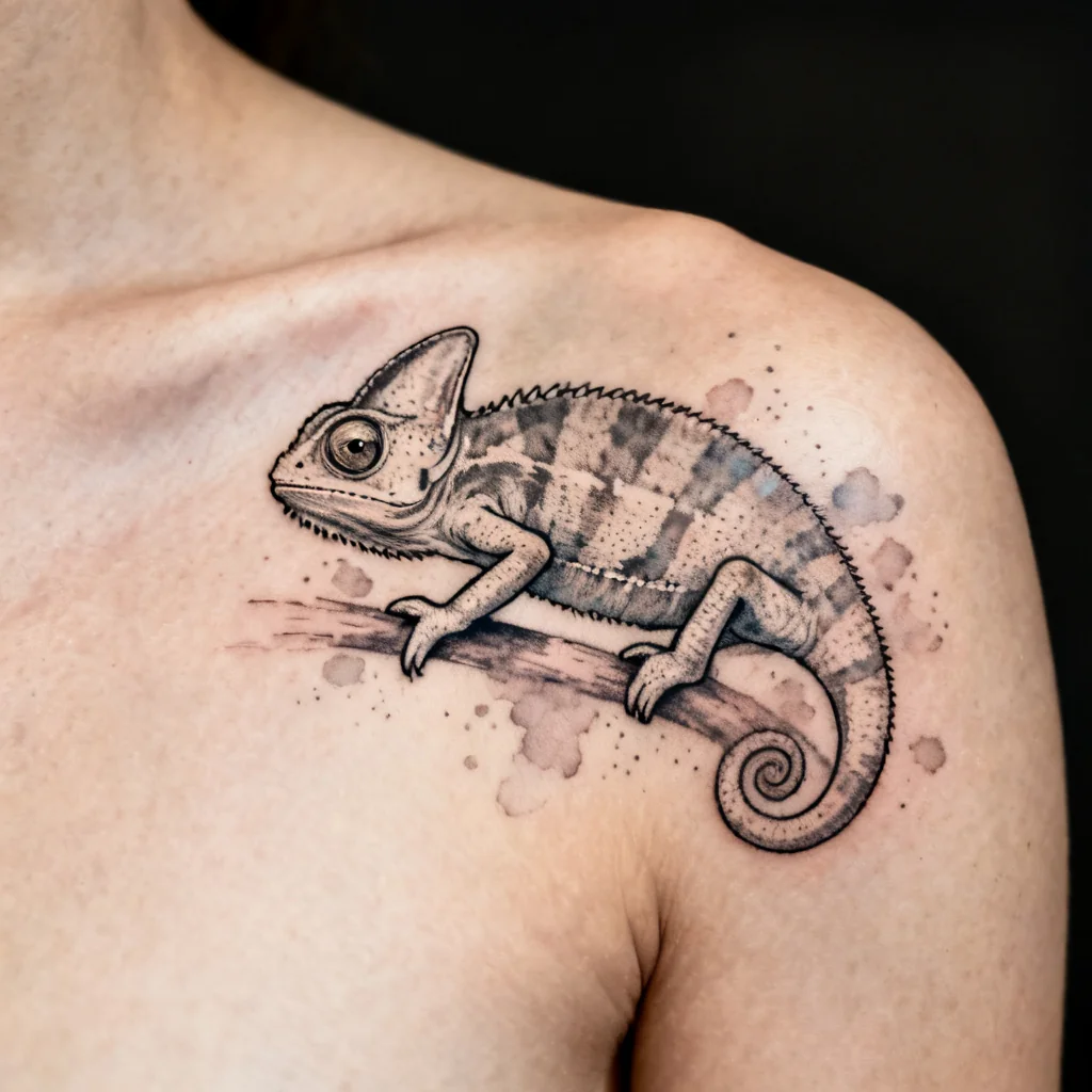Ilustrowany kameleon na łopatce z delikatnym akwarelowym tłem i precyzyjnym cieniowaniem.