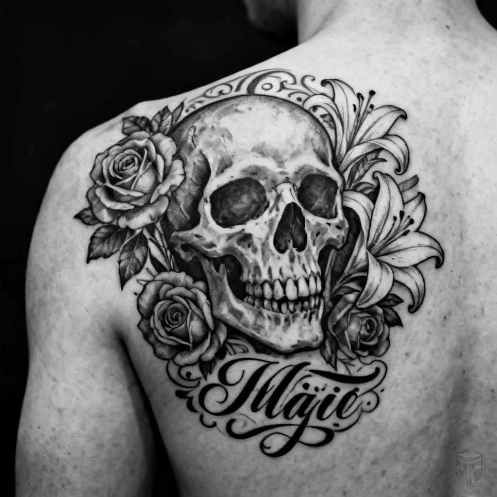 Kwadratowe zdjęcie tatuażu Chicano: czaszka z różami i ozdobnym letteringiem na łopatce, czarno‑szary.