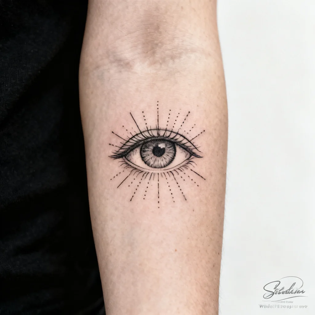 Kwadratowe zbliżenie oka proroka na przedramieniu, realistyczna tęczówka i dotwork.