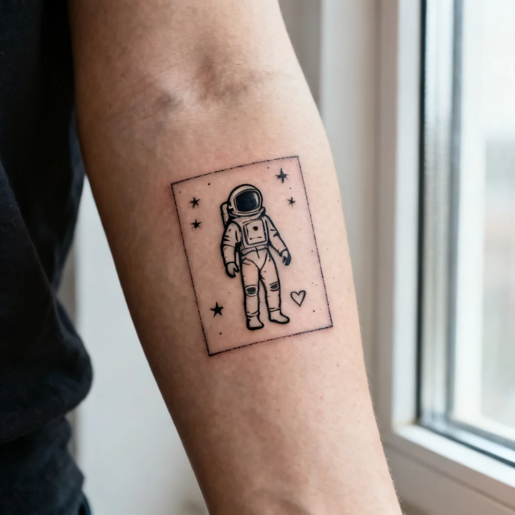 Kwadratowe ujęcie minimalistycznego tatuażu astronauty na zewnętrznej części przedramienia, czyste blackwork.