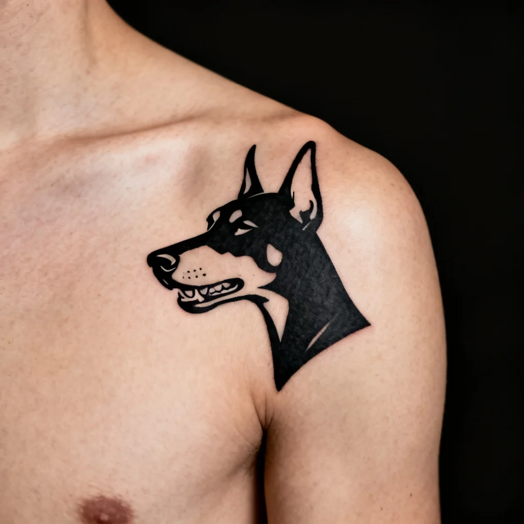 Kwadratowe zdjęcie blackwork dobermana na łopatce z wyraźnym marginesem skóry.