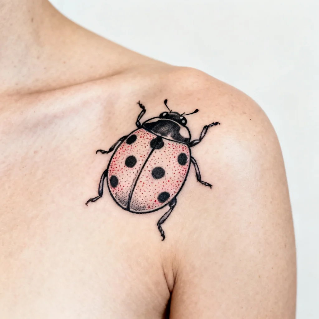 Kwadratowe zdjęcie subtelnej biedronki w stylu dotwork na łopatce, gładka skóra.