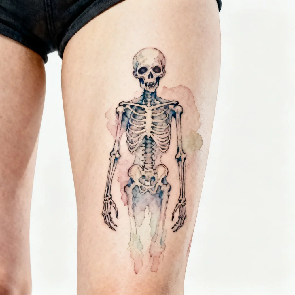 Kwadratowe zdjęcie delikatnego tatuażu watercolor i fine-line z motywem zombie na górnej części uda