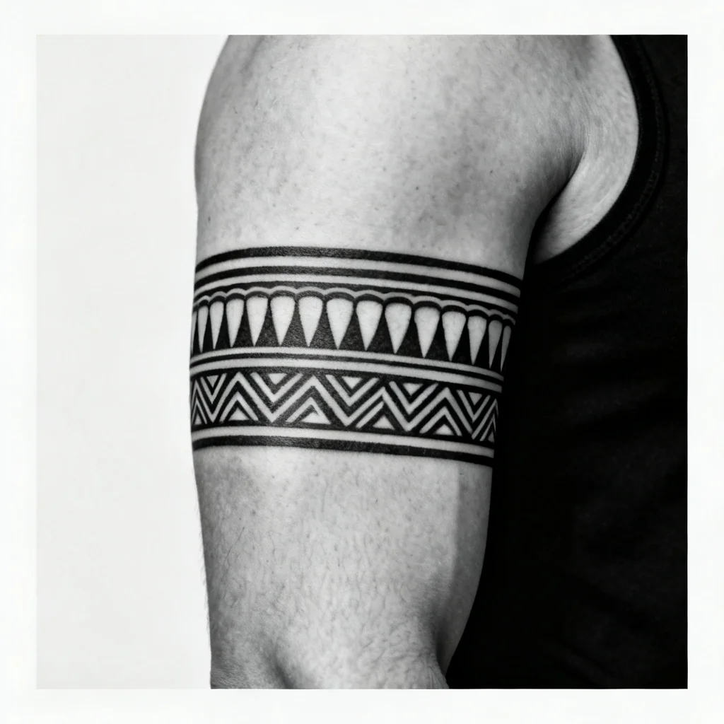 Fragment opaski tribal z motywem zębów na zewnętrznej części bicepsa, profesjonalne zdjęcie.