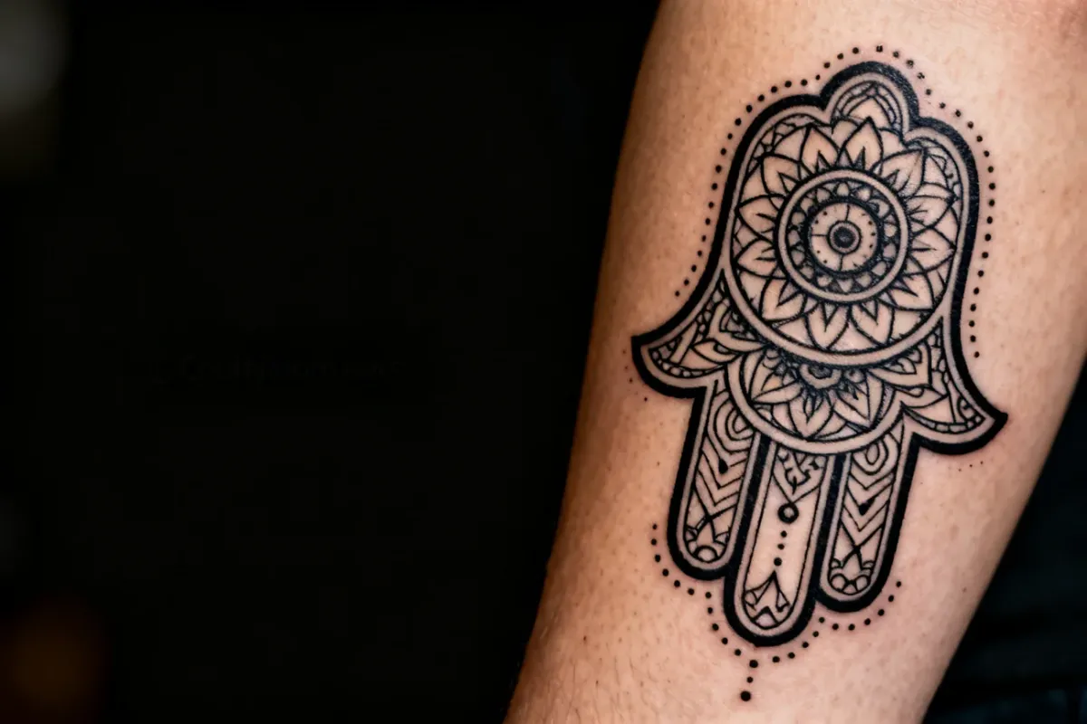Zdjęcie przedramienia z tatuażem amuletu: hamsa połączona z mandalą, szczegóły linii i dotwork.