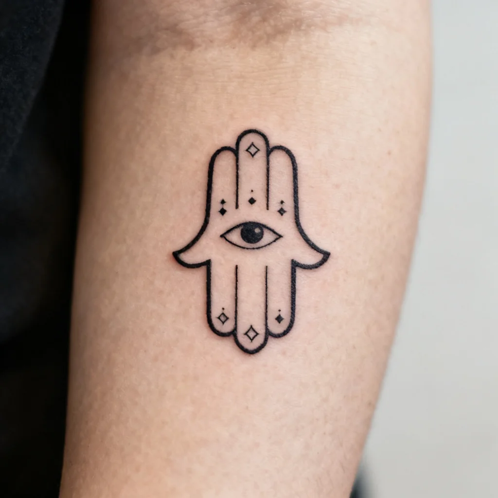 Minimalistyczny tatuaż hamsa na wewnętrznej części nadgarstka, cienkie czarne linie i proste akcenty.