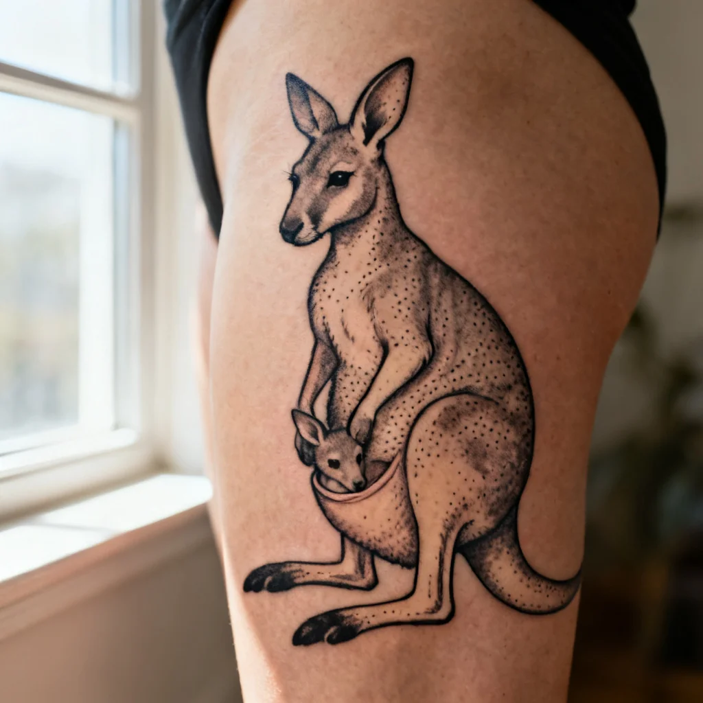 Delikatny dotwork kangur z młodym na udzie, intymne ujęcie i czytelny detal
