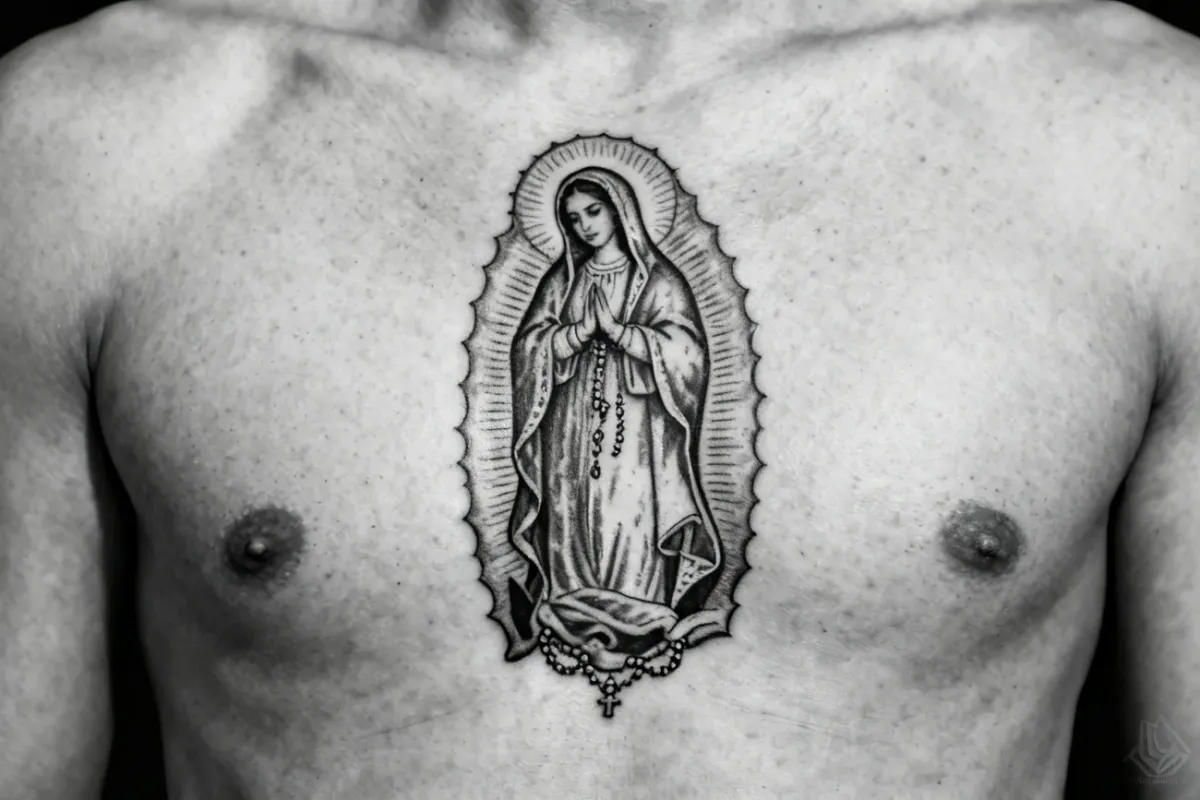 Zdjęcie tatuażu Chicano: portret Matki Boskiej na górnej części klatki piersiowej, czarno‑szary.
