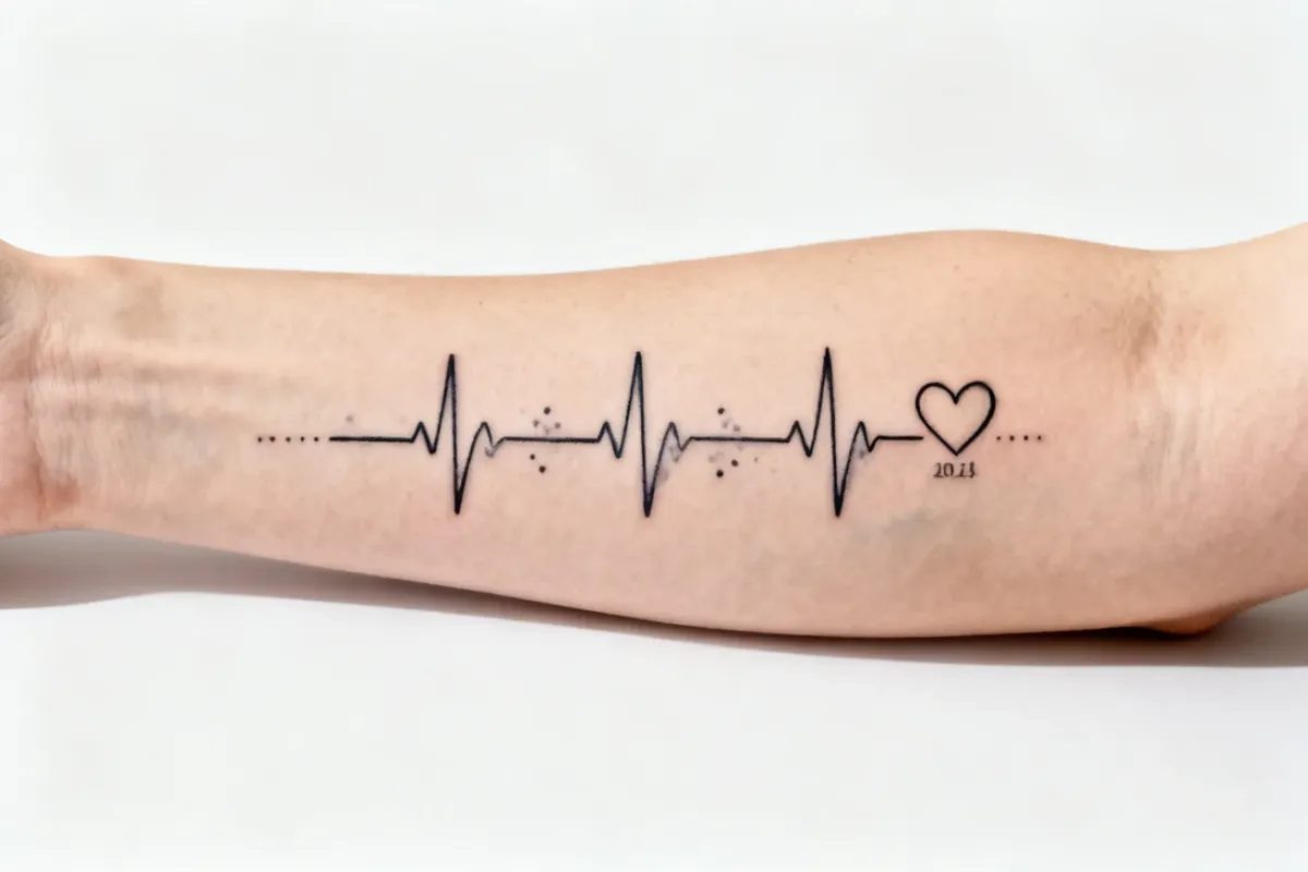 Poziome zdjęcie tatuażu EKG na przedramieniu z małym sercem i datą, czyste fine-line.