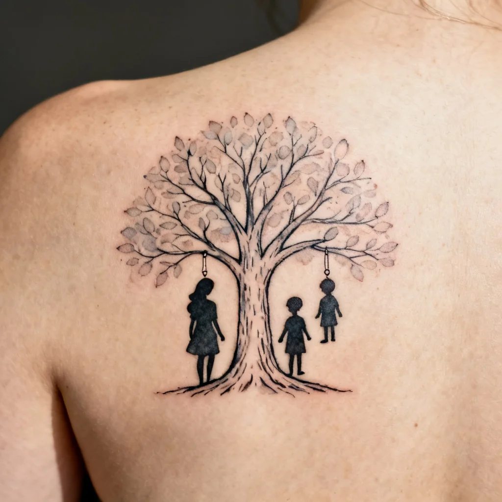 Kwadratowe zdjęcie tatuażu drzewa genealogicznego z sylwetkami mamy i dwójki dzieci na łopatce.