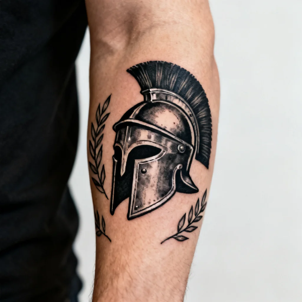 Kwadratowe zdjęcie czystego blackwork hełmu gladiatora na przedramieniu, ostre detale.