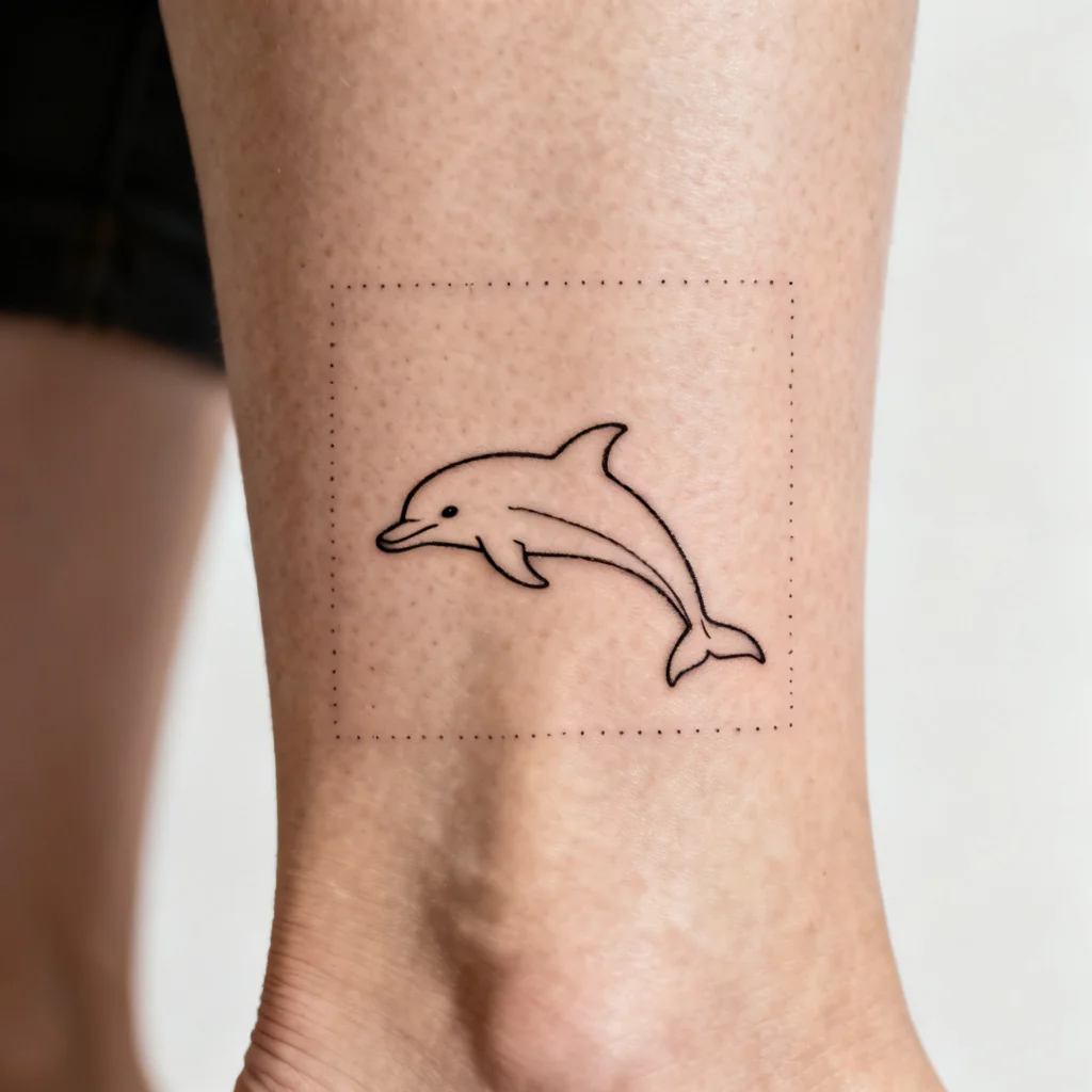 Minimalistyczny delfin w jednej linii na zewnętrznej łydce, ostre detale i estetyczne światło.