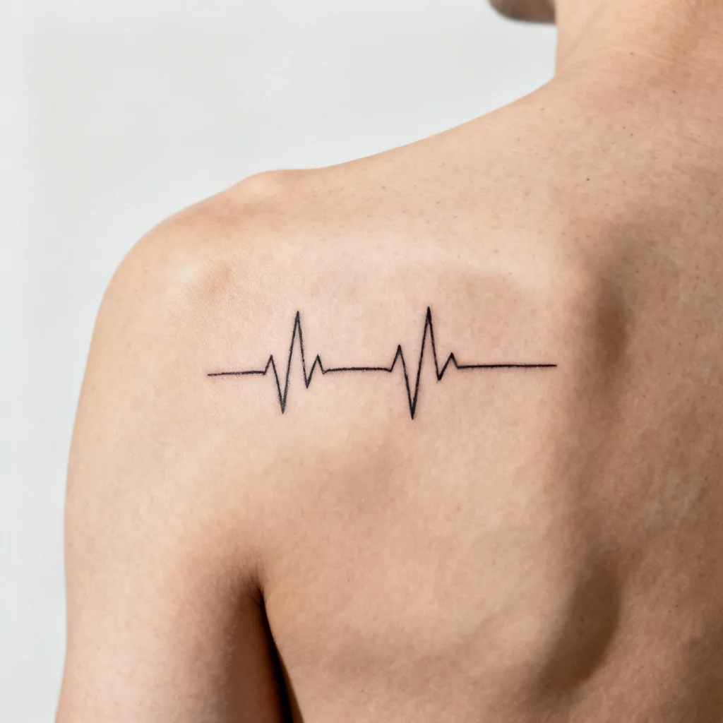 Zygzakowata, EKG-podobna cienka linia na łopatce, symbol przetrwania i zmian.