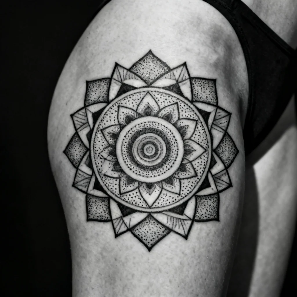 Czarnobiała, geometryczna mandala na górnej części uda, wyraźne cieniowanie i dotwork