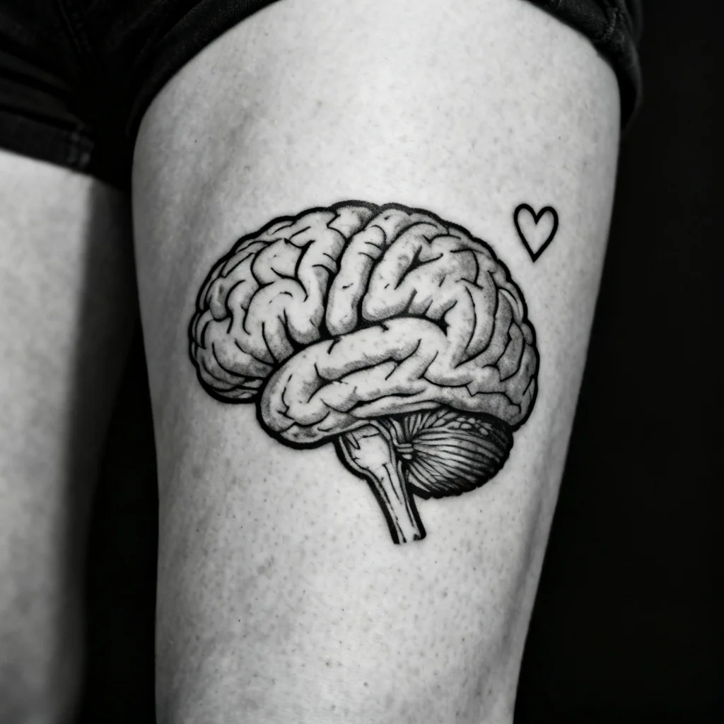Kwadratowe ujęcie anatomicznego mózgu w czerni na udzie, z subtelnym nakładającym się symbolem serca.