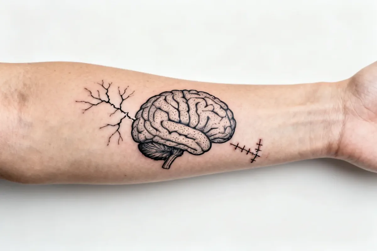 Poziome zdjęcie tatuażu anatomicznego mózgu z neuronami i śladem zszycia na przedramieniu.