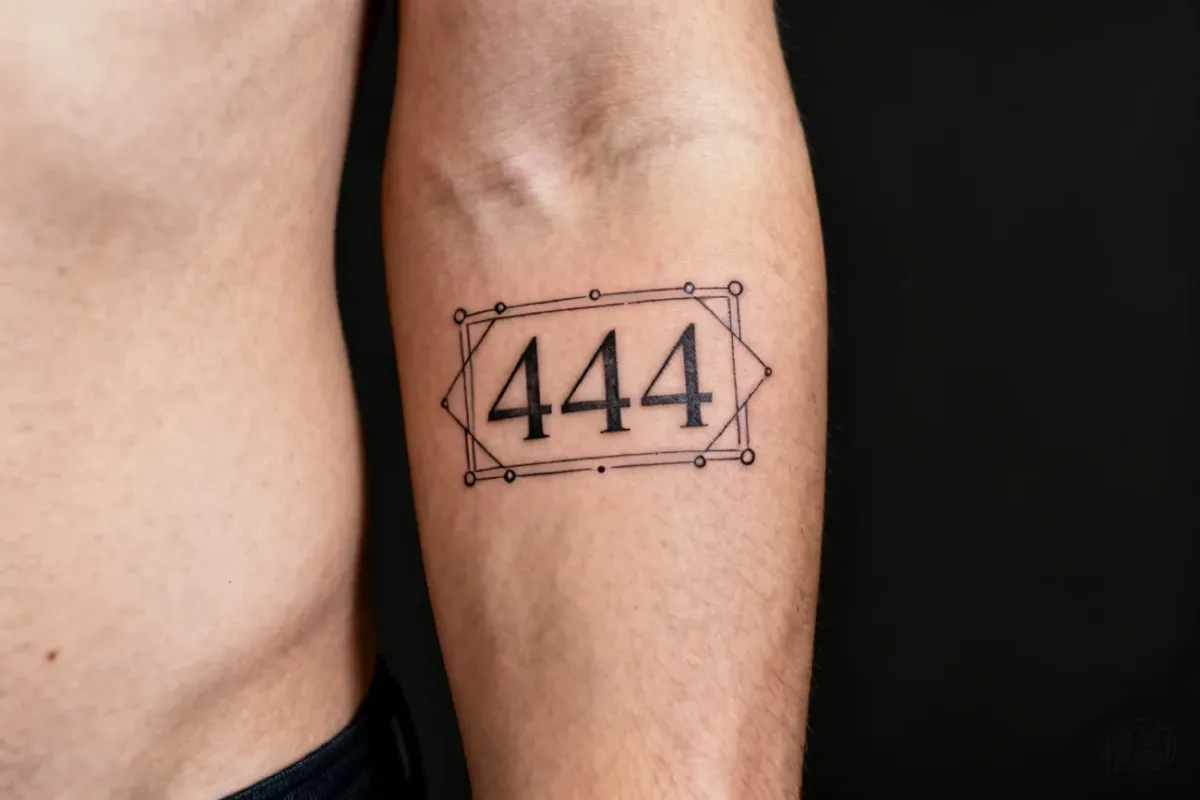 Gładkie ujęcie cyfrowego tatuażu „444” na przedramieniu, drobne geometryczne detale i czysta skóra.