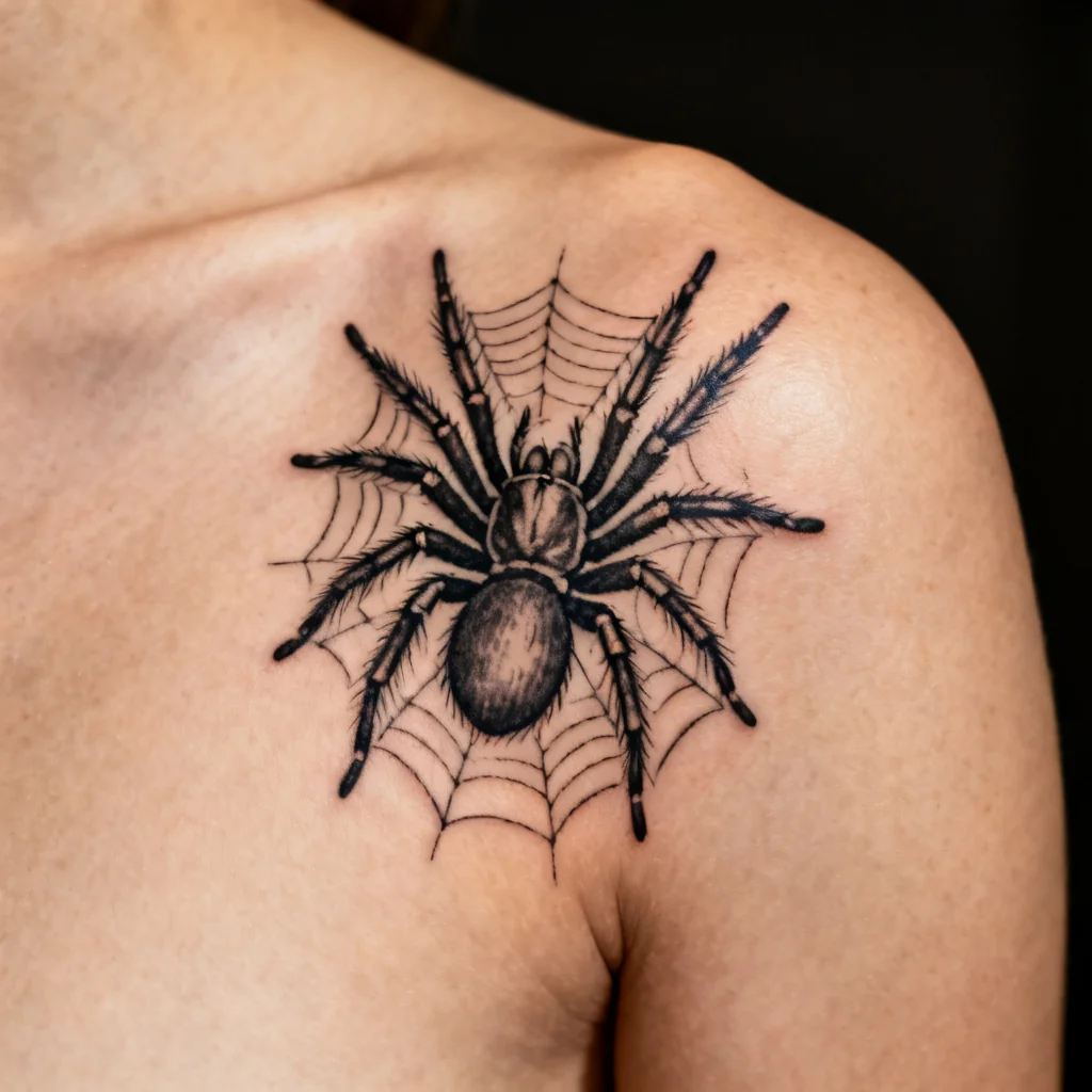 Zbliżenie tatuażu tarantuli na łopatce, ostre detale i subtelne cieniowanie.