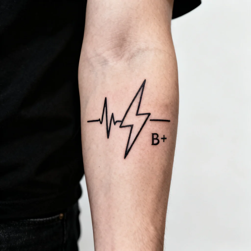 Dynamic EKG przechodzący w piorun z małym zapisem grupy krwi na zewnętrznej łydce.