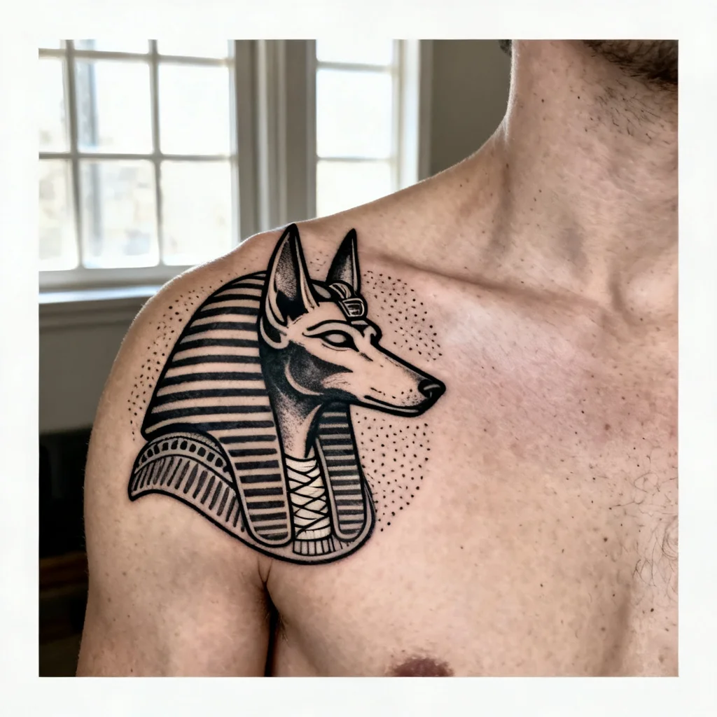 Kwadratowe zdjęcie tatuażu głowy Anubisa na łopatce, czysta linia i dotwork, naturalne światło.