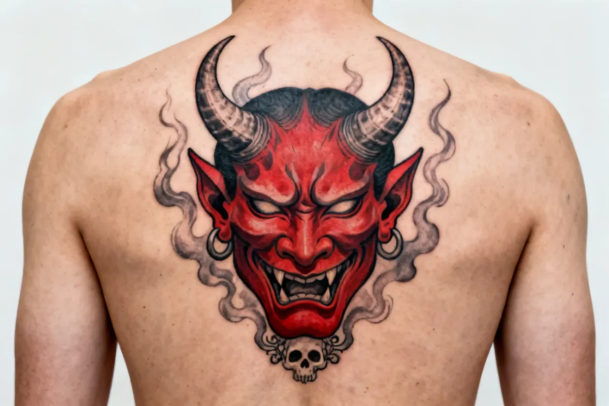 Neo-traditional demonic face z rogami i ogniem na górnych plecach, gładka skóra i czyste tło