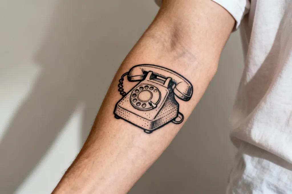 Poziome zdjęcie tatuażu retro słuchawki telefonu na wewnętrznej górnej części przedramienia.