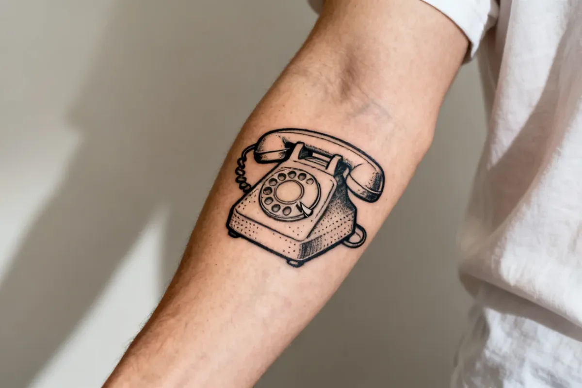 Poziome zdjęcie tatuażu retro słuchawki telefonu na wewnętrznej górnej części przedramienia.