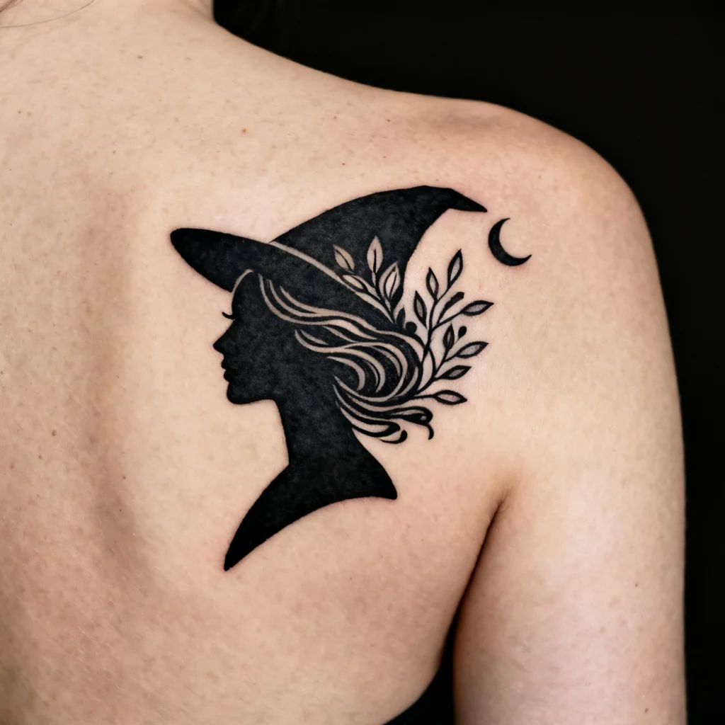 Kwadratowe zdjęcie minimalistycznego blackwork tatuażu wiedźmy na łopatce, wyraźne linie.