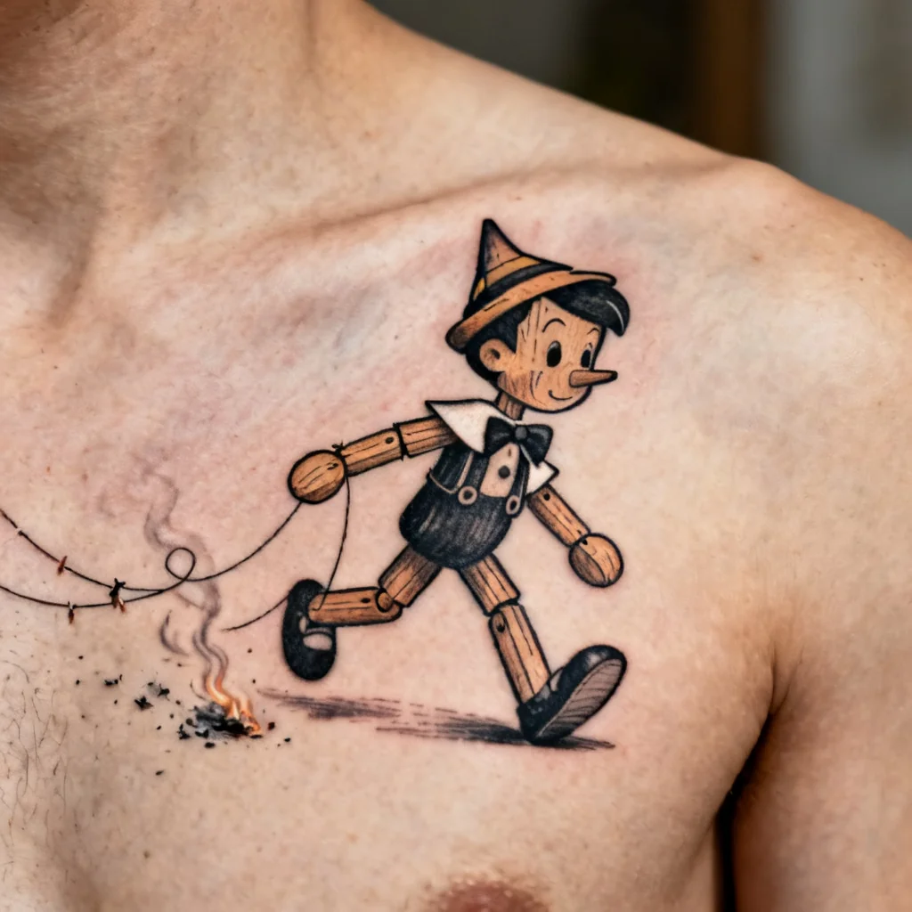 Tatuaż stylizowanej marionetki z odcinanymi sznurkami i popiołem przy obojczyku.