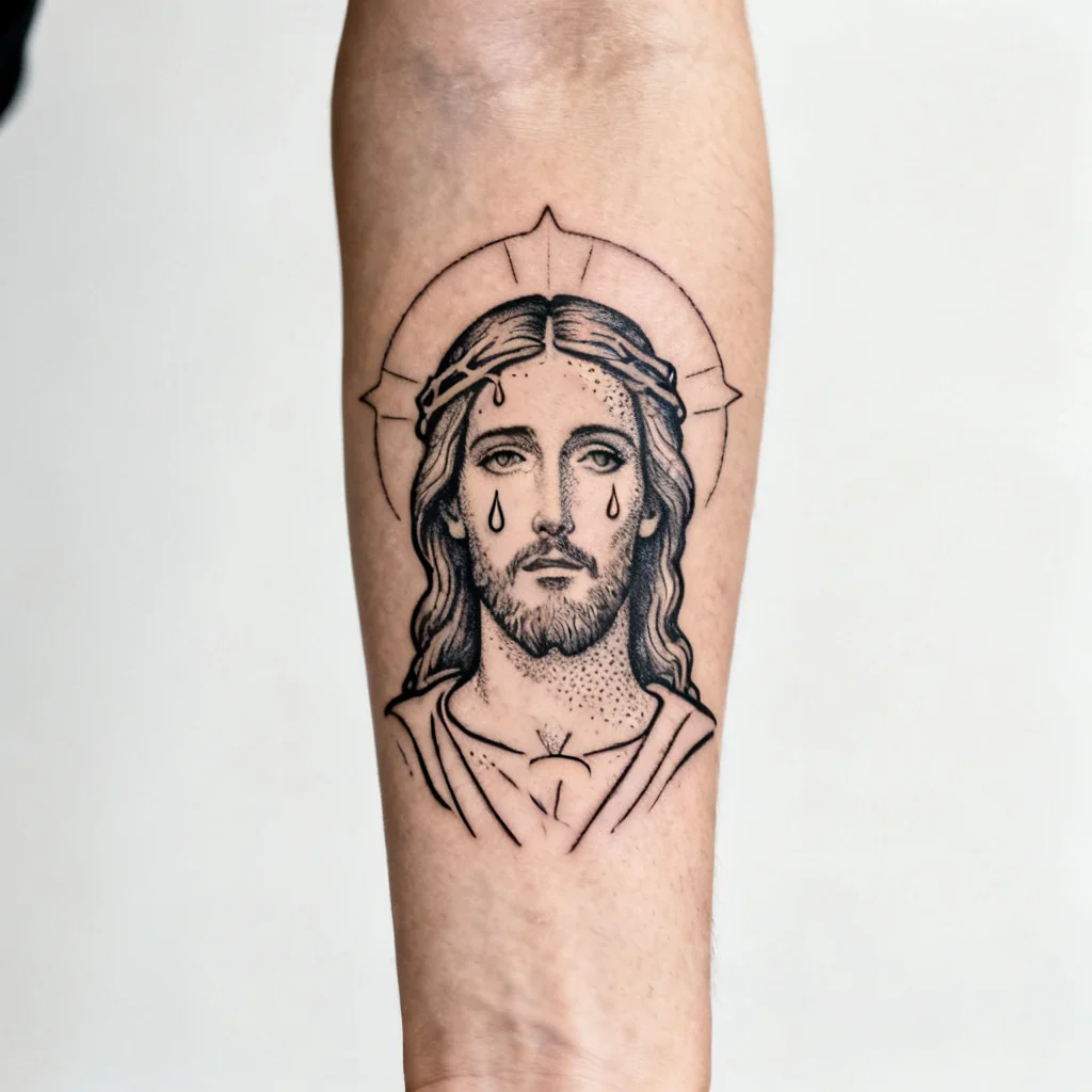 Subtelny, fine-line portret Jezusa z trzema łzami, wykonany na wewnętrznej stronie przedramienia.