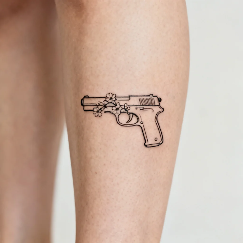 Mały fine-line pistolet z kwiatami na bocznej łydce, czyste tło i czytelne linie.