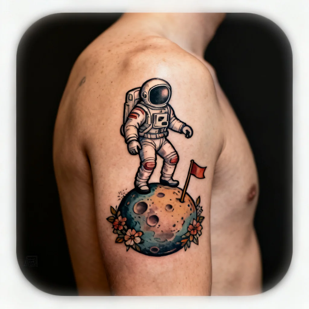 Kwadratowe zdjęcie kolorowego neo‑traditional tatuażu astronauty na lewej łopatce, detal i czyste kontury.
